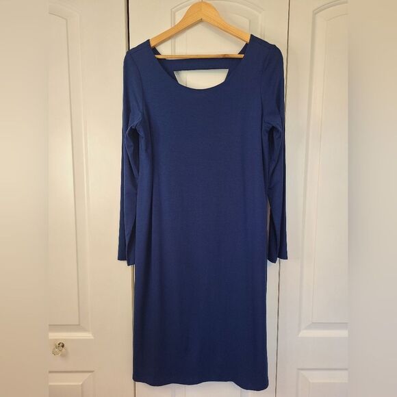 Eileen Fisher Knit Shift Dress Keyhole Back Long Sleeve Blue Size L Petite - Picture 3 of 14